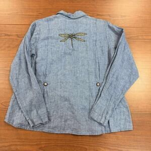 Ilene Pearlman Hand Painted Art Shirt Jacket 100% Linen Dragonfly Design Medium